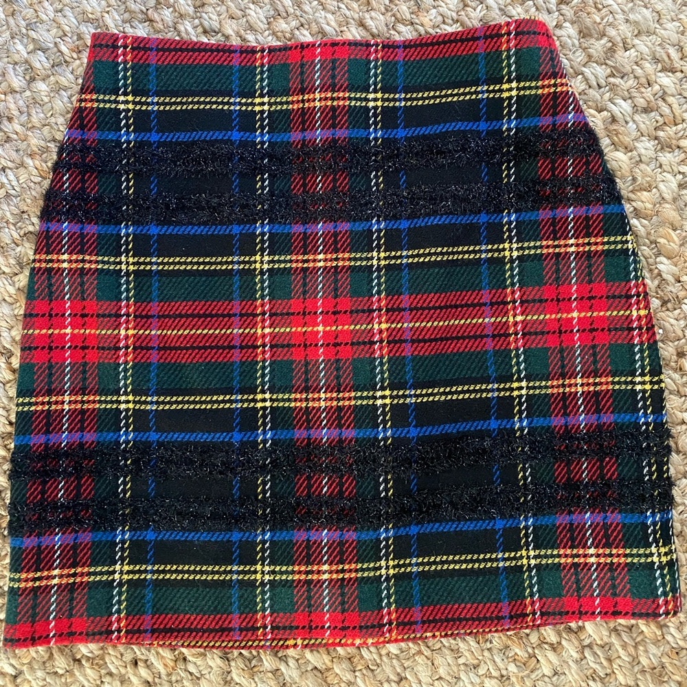 J. Crew tartan skirt with shiny, metallic black details